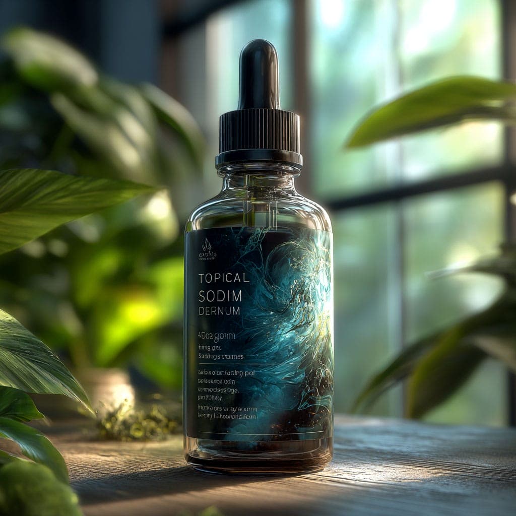 Topical serum bottle on wooden table with plants.