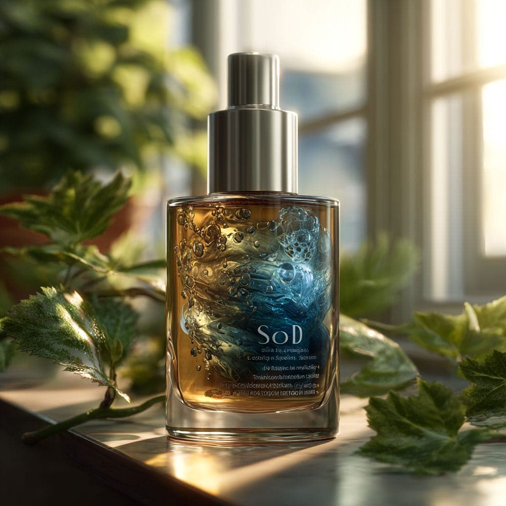 Fragrance bottle on windowsill with green plants.
