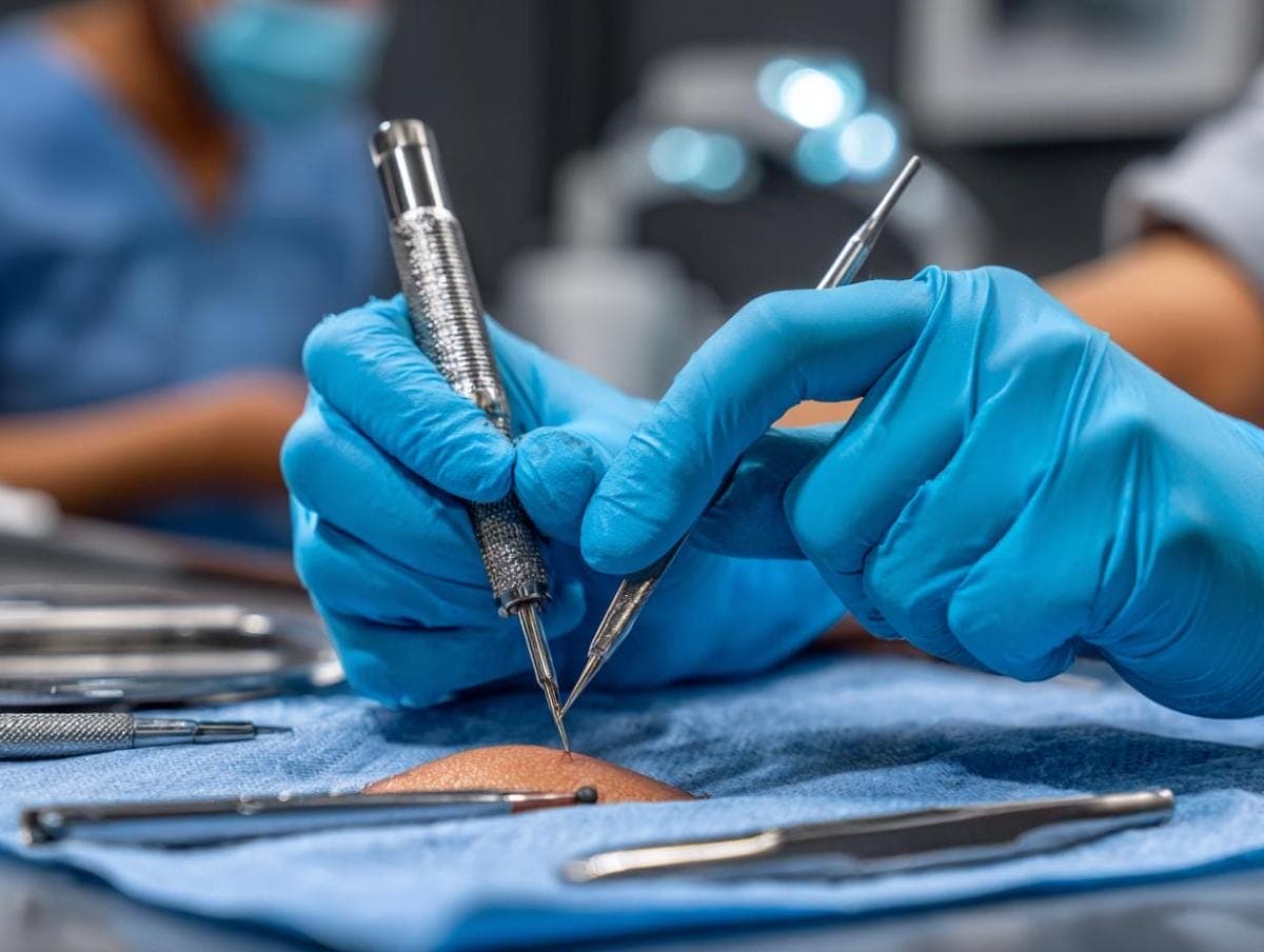 Surgeon using tools on surgical practice dummy.