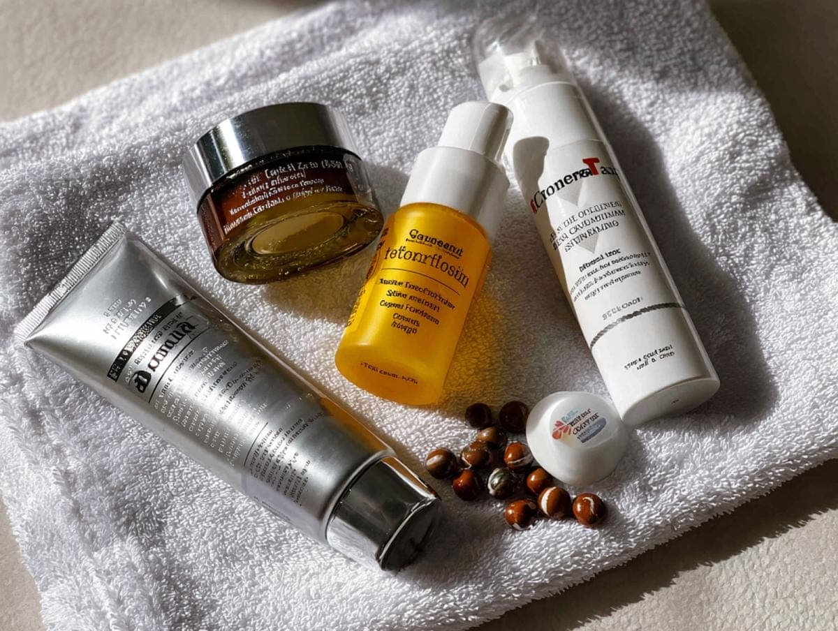 Luxury skincare products on towel with beads