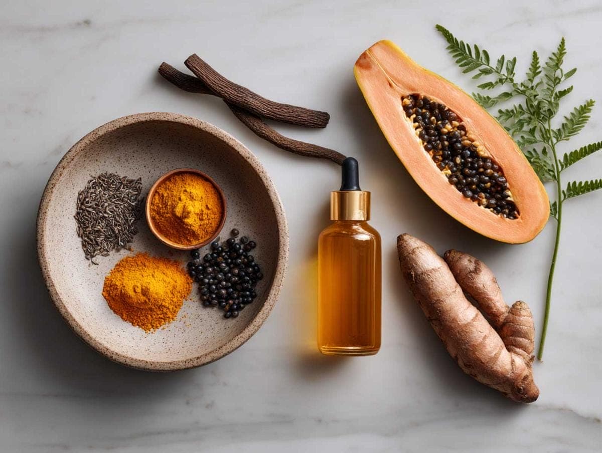 Natural skincare ingredients with spices and papaya