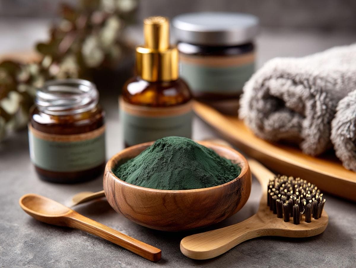 Natural skincare products with green powder and brush