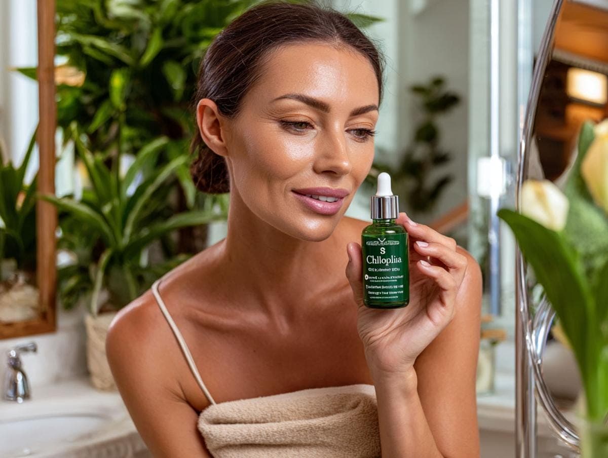 Woman holding skincare serum near mirror with plants