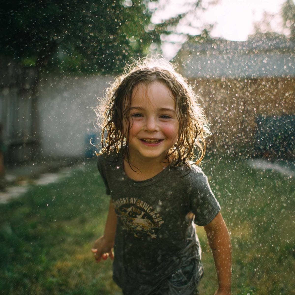 Child smiling in backyard sprinkler.